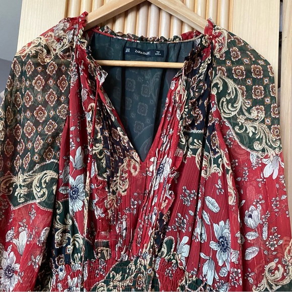 Zara bohemian floral printed metallic thread midi dress red gold - Picture 7 of 15